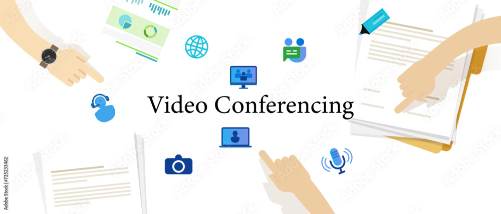 Poster video conferencing communication virtual distance with computer or laptop connection internet