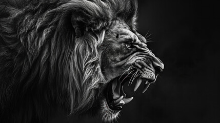 Majestic lion roaring profile portrait on black background. Wildlife and nature.