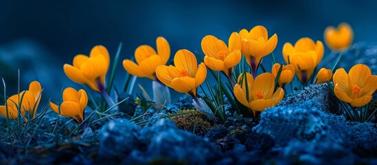 Dreamy deep blue background complemented by yellow spring crocus flowers.
