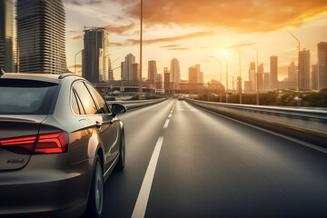 car on the road with cityscape background at sunset, 3d render