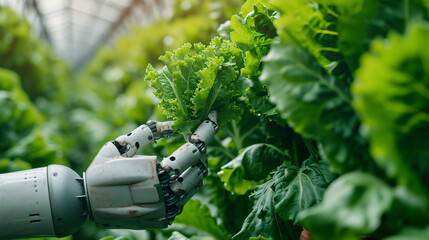 Robot hand is working on agricultural field. Smart farming and digital agriculture - obrazy, fototapety, plakaty