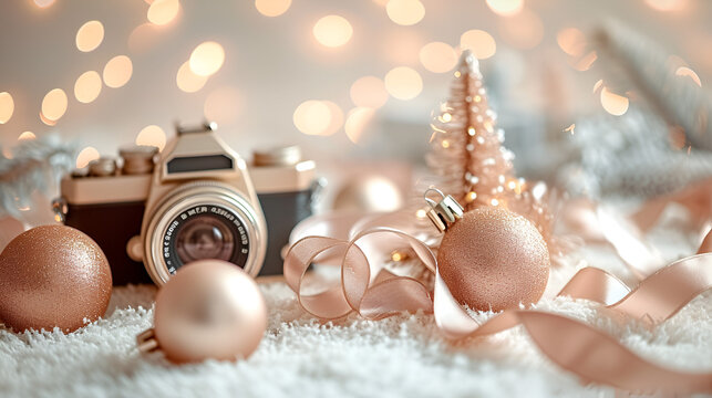 Christmas photo session background. Pastel neutral color background with bokeh. Gold photo camera, Christmas decoration balls and satin ribbons, Generative AI