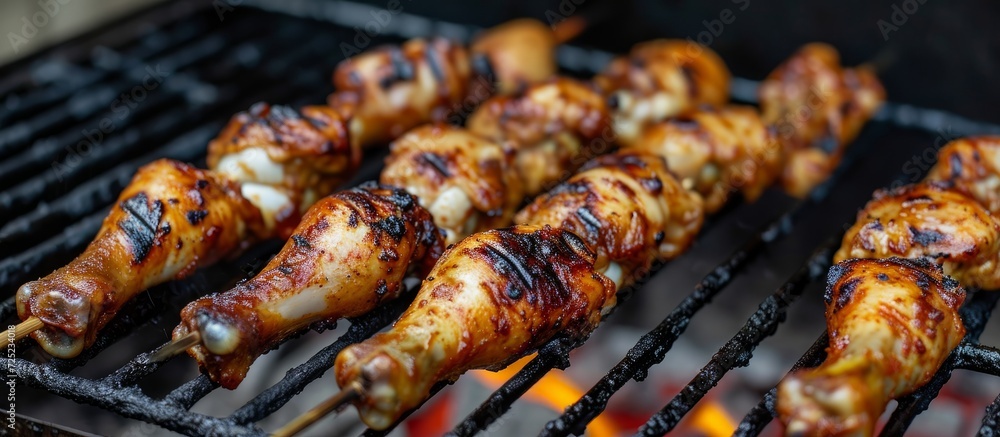 Wall mural Grilling chicken legs on a metal skewer.