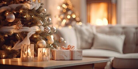 Blurred background with cozy room decor, including Christmas coffee table, sofa, tree, garland, fireplace, and New Year's accents.