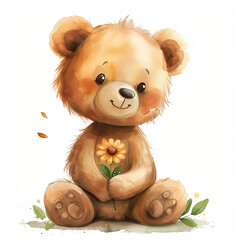 hand drawn illustration of a cute teddy bear with a sunflower