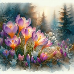 Fototapeta na wymiar Blooming pink crocuses in close-up in the forest on a hill. Watercolor drawing