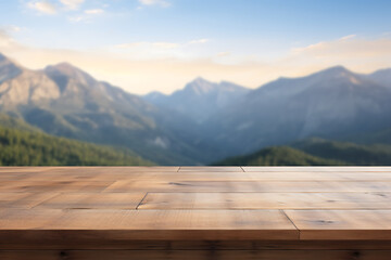 Wooden table top on mountain background. For montage product display