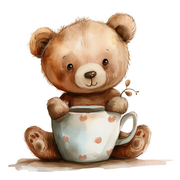 hand drawn Illustration of a cute teddy bear with a cup of coffee, tea, good morning