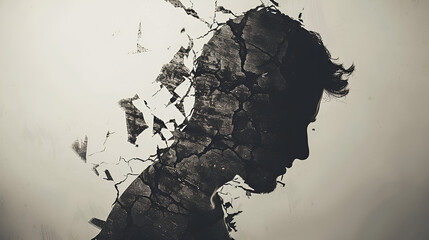 Silhouette of sad tired young man in profile, crashed, divided into many parts. Depression, conflict, emotions, crisis, fractured identity, emotional turmoil, vulnerability, relationship breakdown. - obrazy, fototapety, plakaty