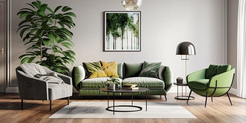 Modern home decor featuring a chic living room with a corner grey sofa, green velvet armchair, coffee table, wooden floor, stylish furniture, and personal touches.