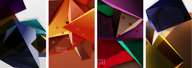 Trendy low poly 3d triangle shapes and other geometric elements background designs for wallpaper, business card, cover, poster, banner, brochure, header, website
