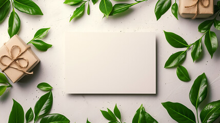 Mockup card birthday wedding background white table paper top greeting view stationery. Card blank postcard mockup birthday frame gift mock flatlay design green leaves happy desk template composition. - obrazy, fototapety, plakaty