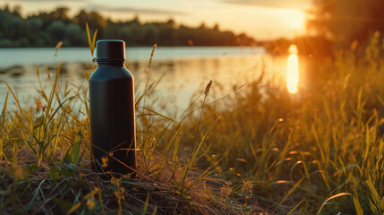 Reusable water bottle in sunset light against lake backdrop. Eco-friendly lifestyle.