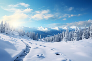 Beautiful winter landscape with snow covered fir trees and blue sky.