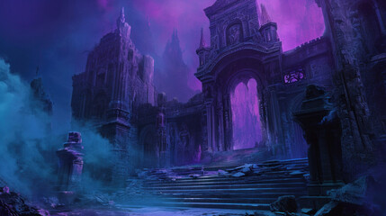 Mystical fantasy castle in purple-hued landscape. Fantasy world background.