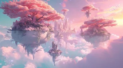 Poster Floating fantasy islands with ethereal pink trees in dreamy sky. Fantasy world concept. © Postproduction