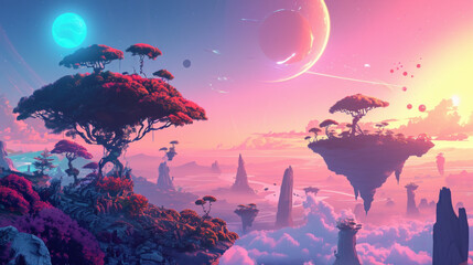 Fototapeta premium Fantasy landscape with floating islands and alien flora. Fantasy worlds.