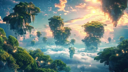 Foto op Aluminium Floating islands in fantasy sky with vibrant vegetation. Fantasy landscape and imagination. © Postproduction