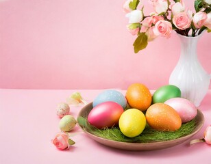 Fototapeta na wymiar Colorfull easter eggs in nest on a pink background, 