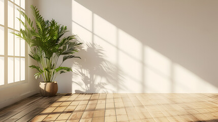 Contemporary Interior Mockup: A Bright, Empty Space Featuring White Walls, Wooden Floors, and a Green Potted Plant, Bathed in Sunlight Streaming Through the Window..generative ai