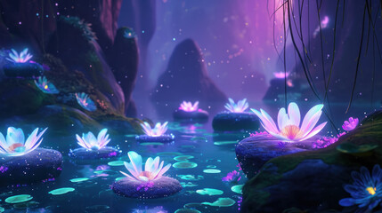 Enchanted lotus flowers glowing in mystical fantasy pond. Magical nature scene.