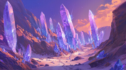 Mystical crystal valley landscape in vibrant colors. Fantasy and imagination.
