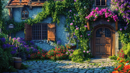 Enchanting fairy tale cottage surrounded by lush garden. Fantasy and imagination.