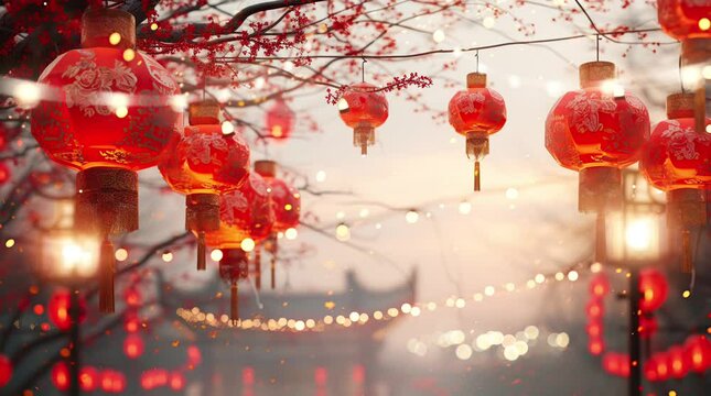 Dragon and Lunar New Year illustration Chinese New Year,Happy New Year,double happiness,fortune,Dragon  Seamless looping 4k time-lapse virtual video animation background. Generated AI