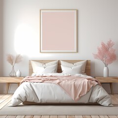 warm color wooden frame mockup in a modern sweet pink and white women bedroom  - obrazy, fototapety, plakaty