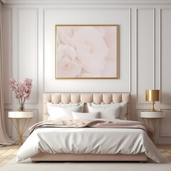 warm color wooden frame mockup in a modern luxury women bedroom 