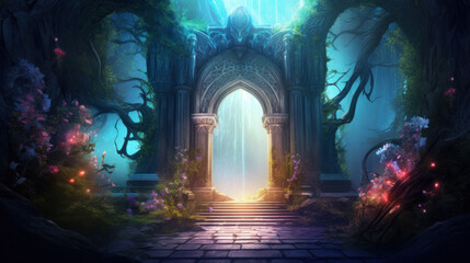 Enchanted forest scenery with mystical archway and glowing light. Fantasy world background.