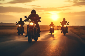 Silhouette of group of motorcyclists on road at sunset