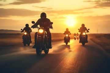 Foto op Aluminium Silhouette of group of motorcyclists on road at sunset © Creative