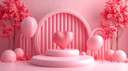 Dreamy Valentine's Day Podium, Showcase Love in Pink 3D Romance. generative ai