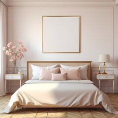 warm color wooden frame mockup in a modern sweet women bedroom  - obrazy, fototapety, plakaty
