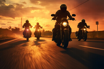 Silhouette of group of motorcyclists on road at sunset