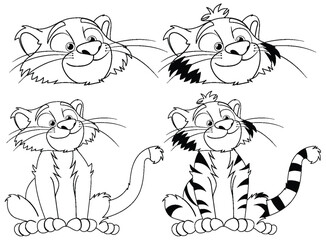 Four playful tiger illustrations showing different emotions.
