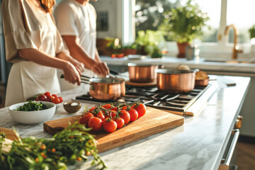 Naklejka premium Couple preparing organic meal together in sunny kitchen. Healthy food and lifestyle.