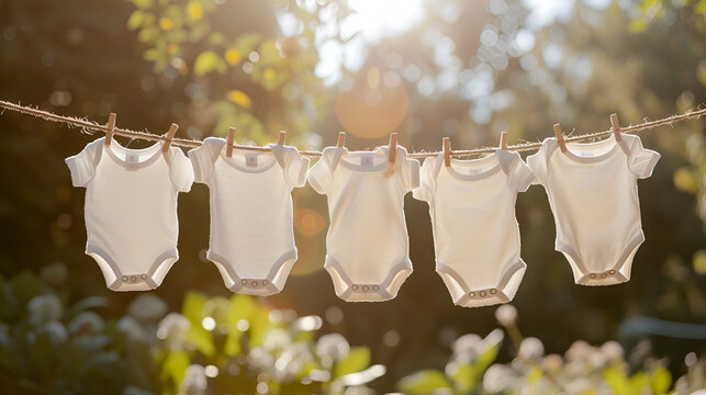 White baby clothes hanging on laundry line outdoors. Baby onesie bodysuits dries on rope in the fresh air on sunny day. generative ai