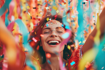 Joyful woman celebrating at vibrant festival with confetti. Festive event and happiness.