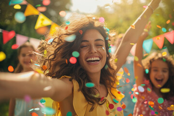 Obraz premium Joyful woman celebrating at outdoor party with colorful decorations. Festive event and happiness.