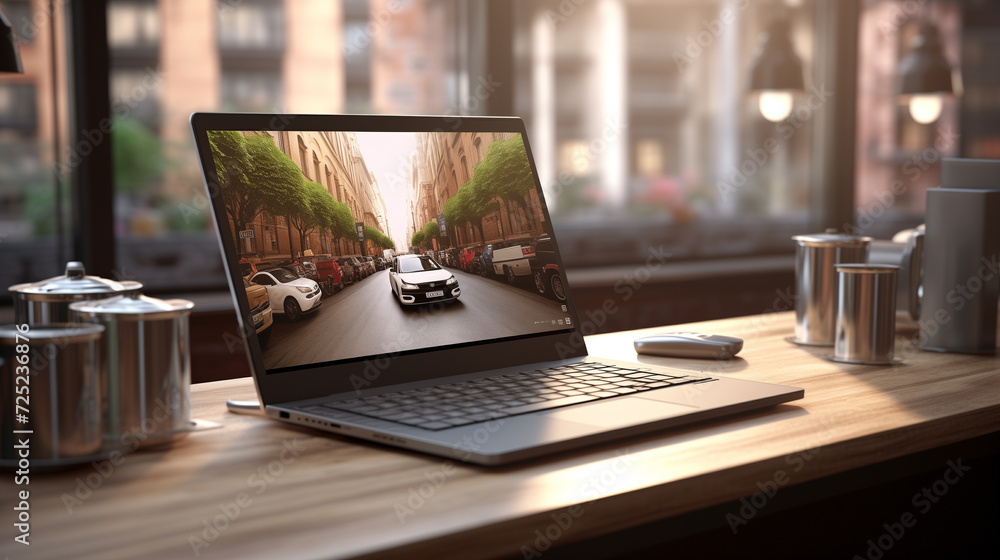 Canvas Prints laptop and a cup of coffee on the table in front of the window, work from home concept