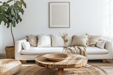 Modern living room interior with comfortable sofa and wooden coffee table. Home decor and design.