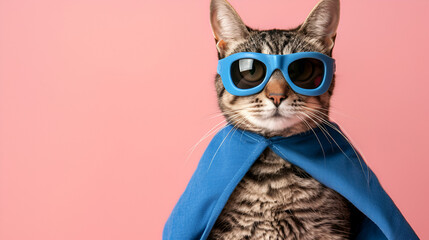 superhero, scotch whiskey with a blue cloak and mask. The concept of a superhero, super cat, leader. On a pink background. Macho and cute cat. generative ai