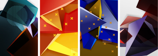 Trendy low poly 3d triangle shapes and other geometric elements background designs for wallpaper, business card, cover, poster, banner, brochure, header, website