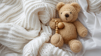 Teddy bear and natural wooden rattle toy on white blanket throw background. Top view. generative ai - obrazy, fototapety, plakaty
