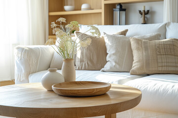 Cozy modern living room interior with natural light and home decor. Interior design.
