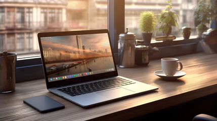 Laptop and a cup of coffee on the table in front of the window, work from home concept