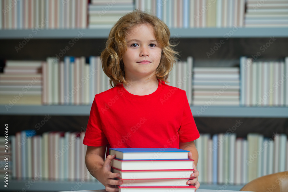 Poster knowledge day. school boy reading book in library. kids development, learn to read. pupil reading bo
