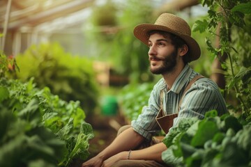 Contemplative Farmer Resting in Lush Greenhouse. A thoughtful young farmer sits among vibrant plants, reflecting on sustainable agriculture in a lush greenhouse.

